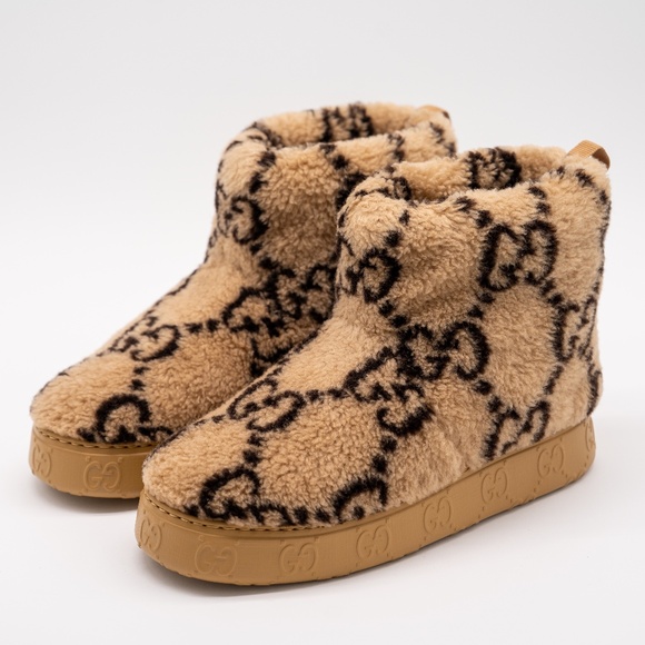 size 38.5G 8.5 US Gucci Merino Shearling Boots GG Beige Black Brown Ankle - Picture 1 of 11